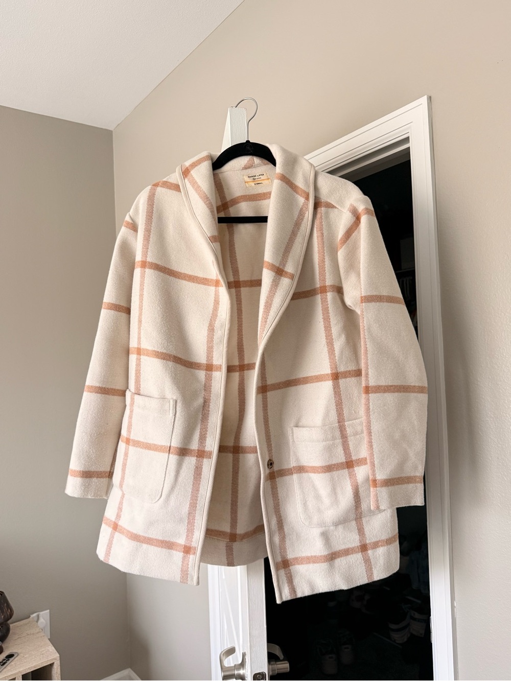 Marine Layer Cream Plaid Shawl-Collar Pea Coat